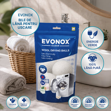 Set de 3 bile de uscare din pâslă de lână Evonox Clean pentru rufe + parfum cadou de 30 ml - natural și ecologic