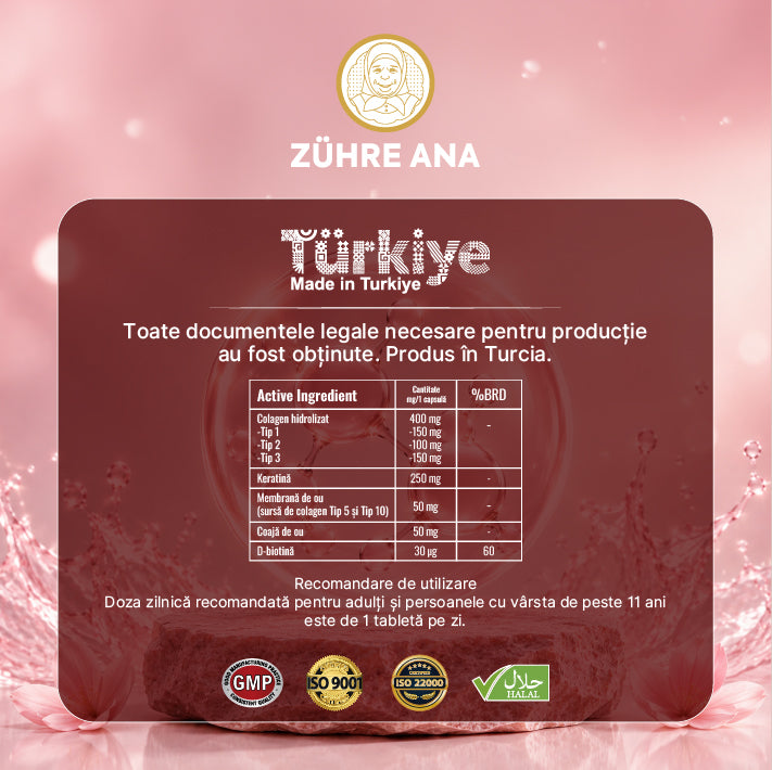 Comprimate de Colagen Zuhre Ana cu 5 Tipuri de Colagen, Keratină și Biotină  60 de tablete